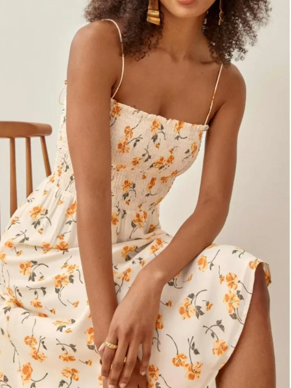 Reformation Sable Midi Dress Small Limo Orange Cream Floral Smoking Stretch - Picture 2 of 8